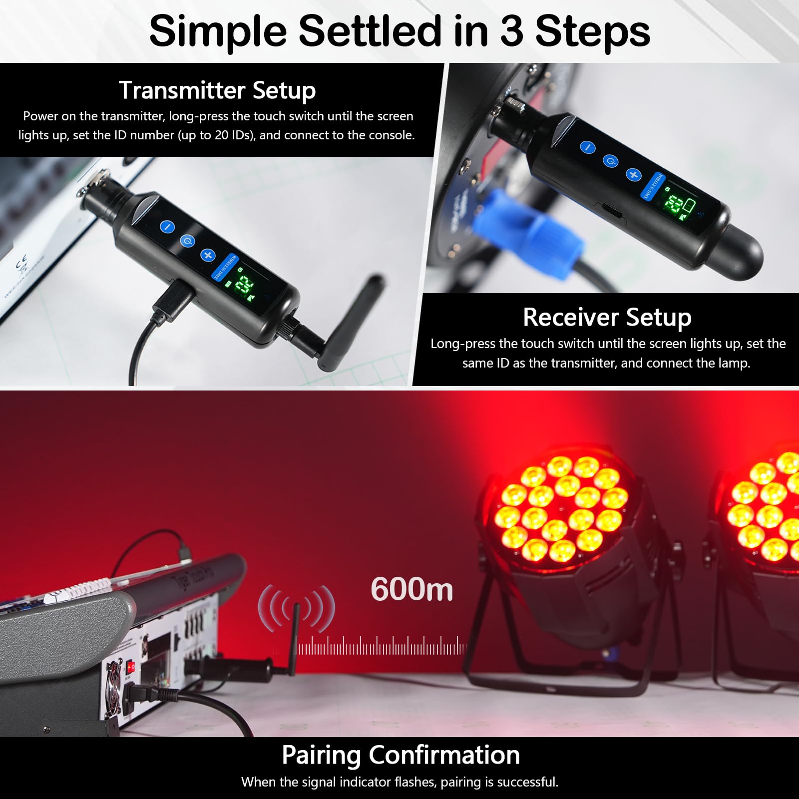 Kit controller DMX wireless TECKZOON con custodia, trasmettitore DMX512 e 3 ricevitori, autonomia fino a 20 ore, controllo touch, sistema di controllo luci DMX wireless per illuminazione scenica