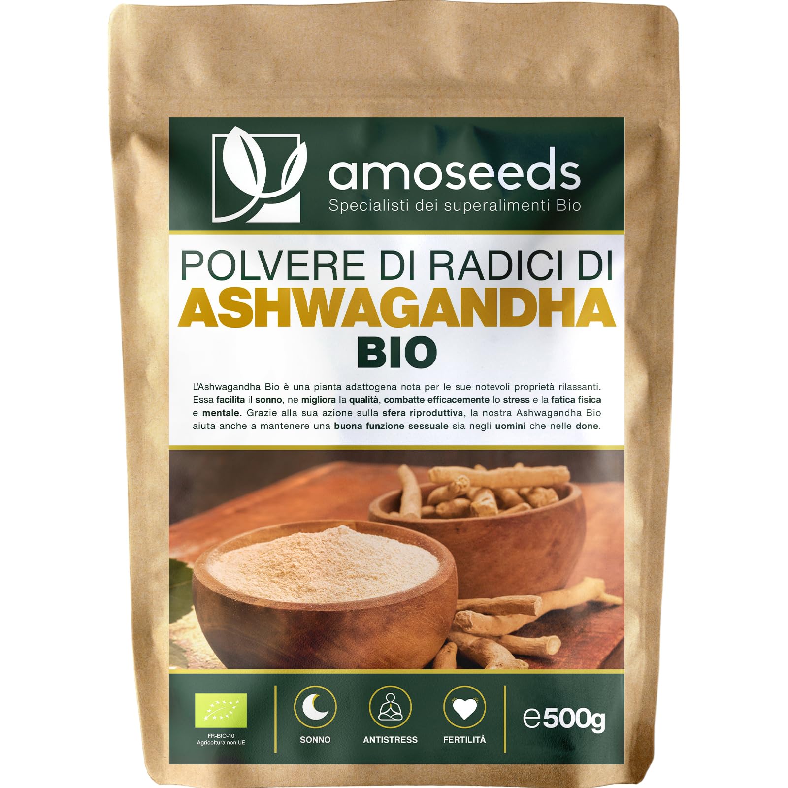 Ashwagandha in polvere BIO 500g | Ginseng Indiano | Stress, Sonno, Vitalità | 100% Radice di Ashwagandha (Withania somnifera) | Qualità superiore
