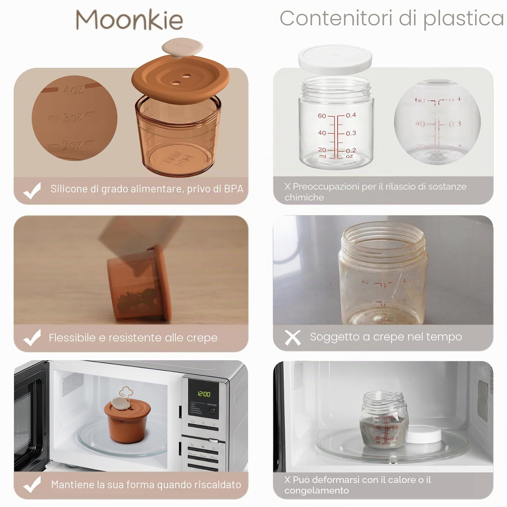 Moonkie Contenitori Pappa Neonati 120ml 6 Pezzi Vasetti Silicone Ermetici Senza BPA per Lavastoviglie Freezer Microonde