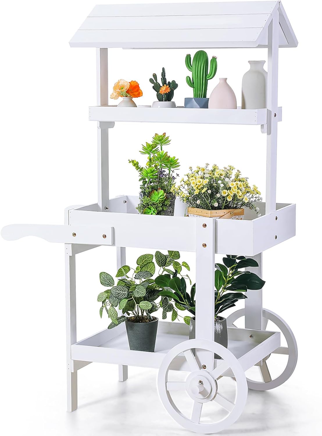 Hanaive Flower Cart Display Stand with Wheels for Bridal Shower Baby Shower Party Large Country Market Vintage Wooden 3 Tier Rolling Table Cart for Display Flower Candy Party Favors and Crafted Items