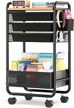 KINGRACK 3 Tier Rolling Cart with Drawer, Metal Utility Storage Cart, Black