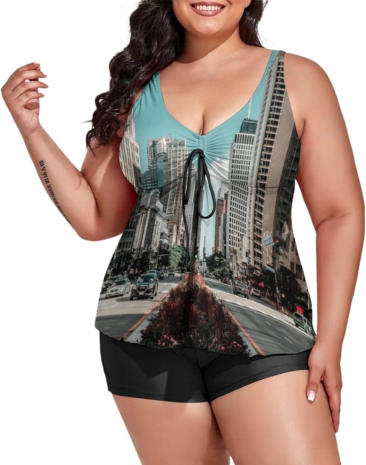 Plus Size Swimdress Florida Sunset Beach Women's 2 Pieces Tankini Swimsuits Women's Bathing Suit with Boyshort