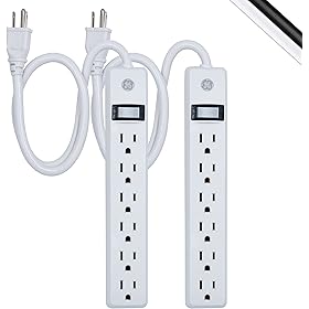 GE 6-Outlet Power Strip, 2 Pack, 2 Ft Extension Cord, Heavy Duty Plug, Grounded, Integrated Circuit Breaker, 3-Prong, Wall Mount, UL Listed, White, 14833