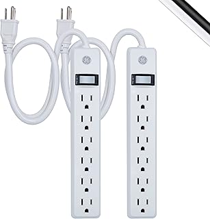GE, White, 6 Outlet 2 Pack, 2 Ft Cord, Switched Power Strip, Integrated Circuit Breaker, Overload Protection, Wall Mountab...