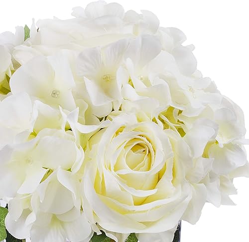 Miniatura 3 de ENOVA HOME Arreglos de flores artificiales de seda de rosas y hortensias en jarrón de cristal para boda en casa (crema)