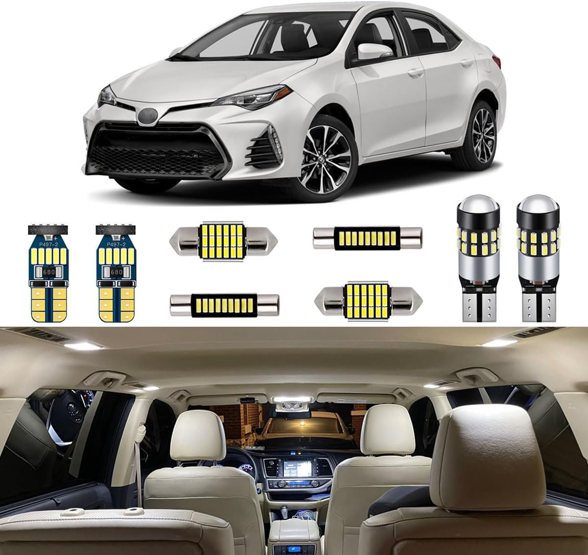 6 Piece White Interior LED Lights Kit for Toyota Corolla 2013 2014 2015 2016 2017 2018 2019 2020 2021 2022 Super Bright 6000K LED Interior Light Bulbs Package + Install Tool