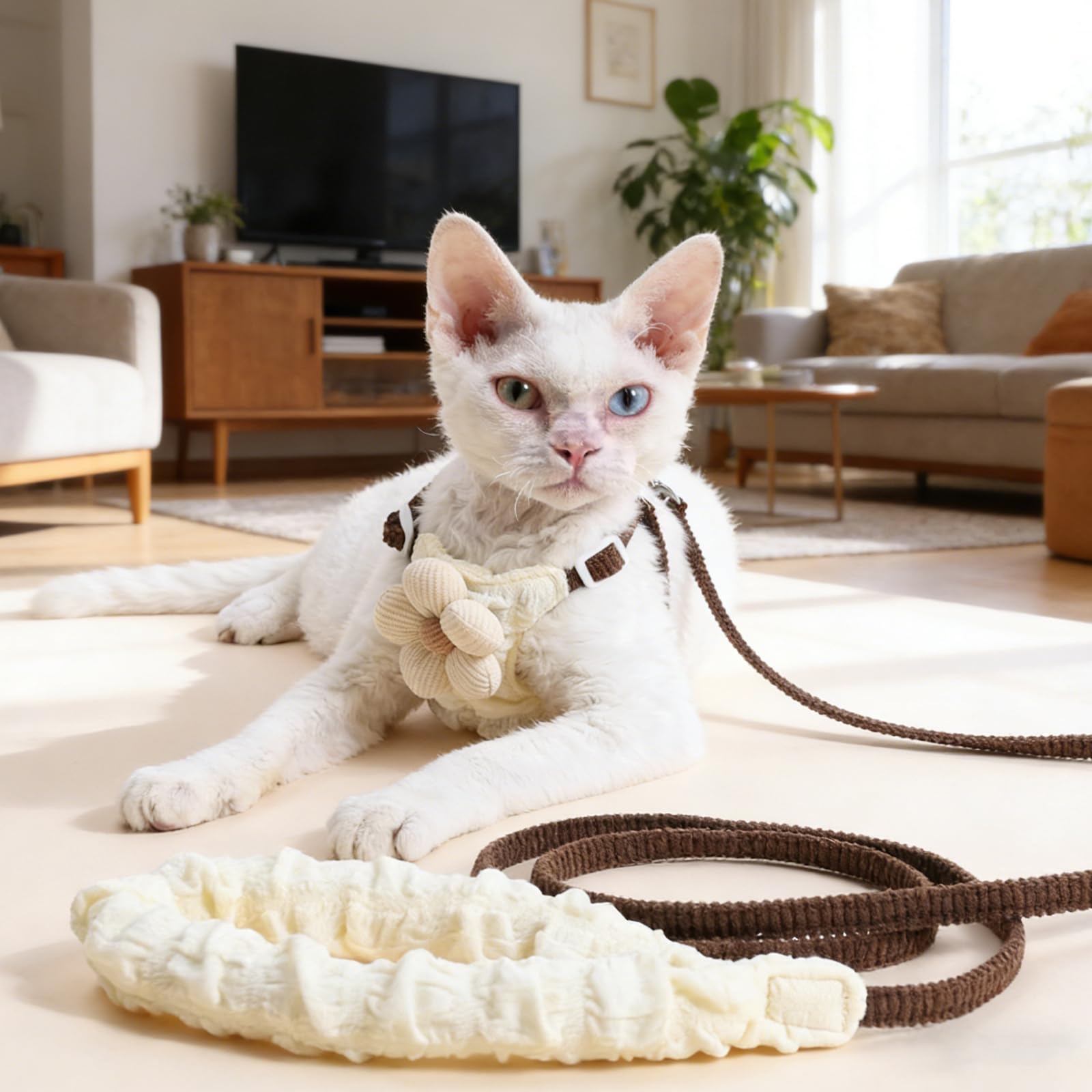 Katzengeschirr und Leine, Set mit Blumenmuster, H-Stil, niedlich, verstellbar, weich, ausbruchsicher, für Spaziergänge, kleine Hunde und Katzen, Beige und Braun