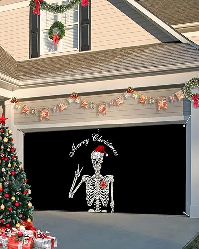 Garage Door Banner Decoration With 6 Metal Rings, Floral Halloween Skull 7 x 16 ft Large Garage Door Cover Banner for Outdoor Indoor Yard Wall