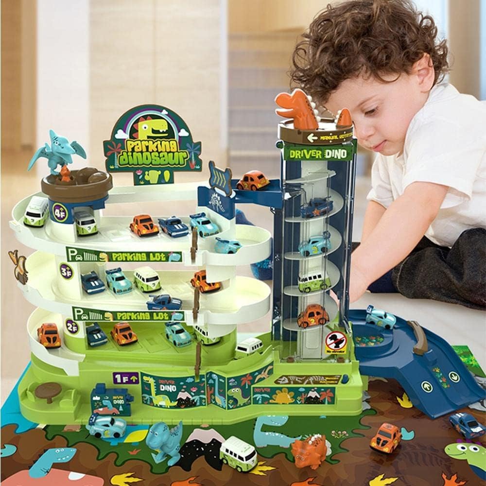 PANSHUB Dinosaur 4 Car Park Building Track Set - Race Track & Toy Garage Playset| Light & Music 3 Level Parking Lot Toy for Toddler | Automatic & Manual for Kids 3+ Years 2