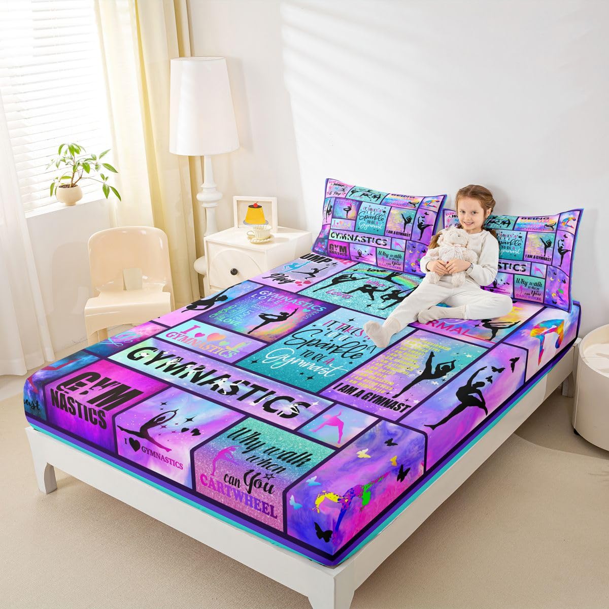 Gymnastics Gifts Bed Sheet, Gymnast Lovers Bedding Set Twin Size for Kids Girls Teens Women Room Decor, Geometric Checkered Fitted Sheet Colorful Tie