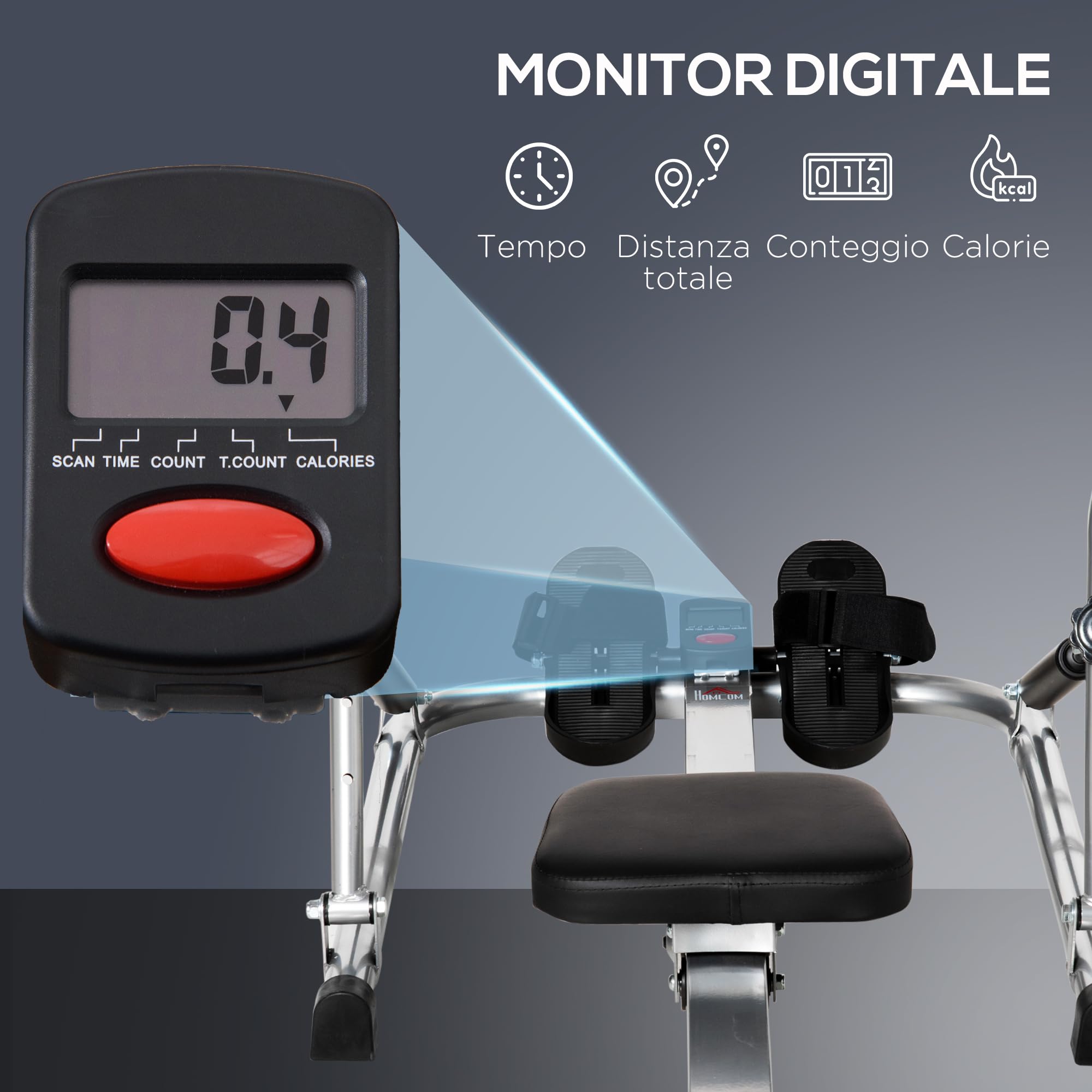 HOMCOM Vogatore Pieghevole per Casa Rowing Machine Idraulica con 3 Livelli di Resistenza e Monitor Digitale, in Acciaio e ABS, 129x70x70 cm, Grigio e Nero