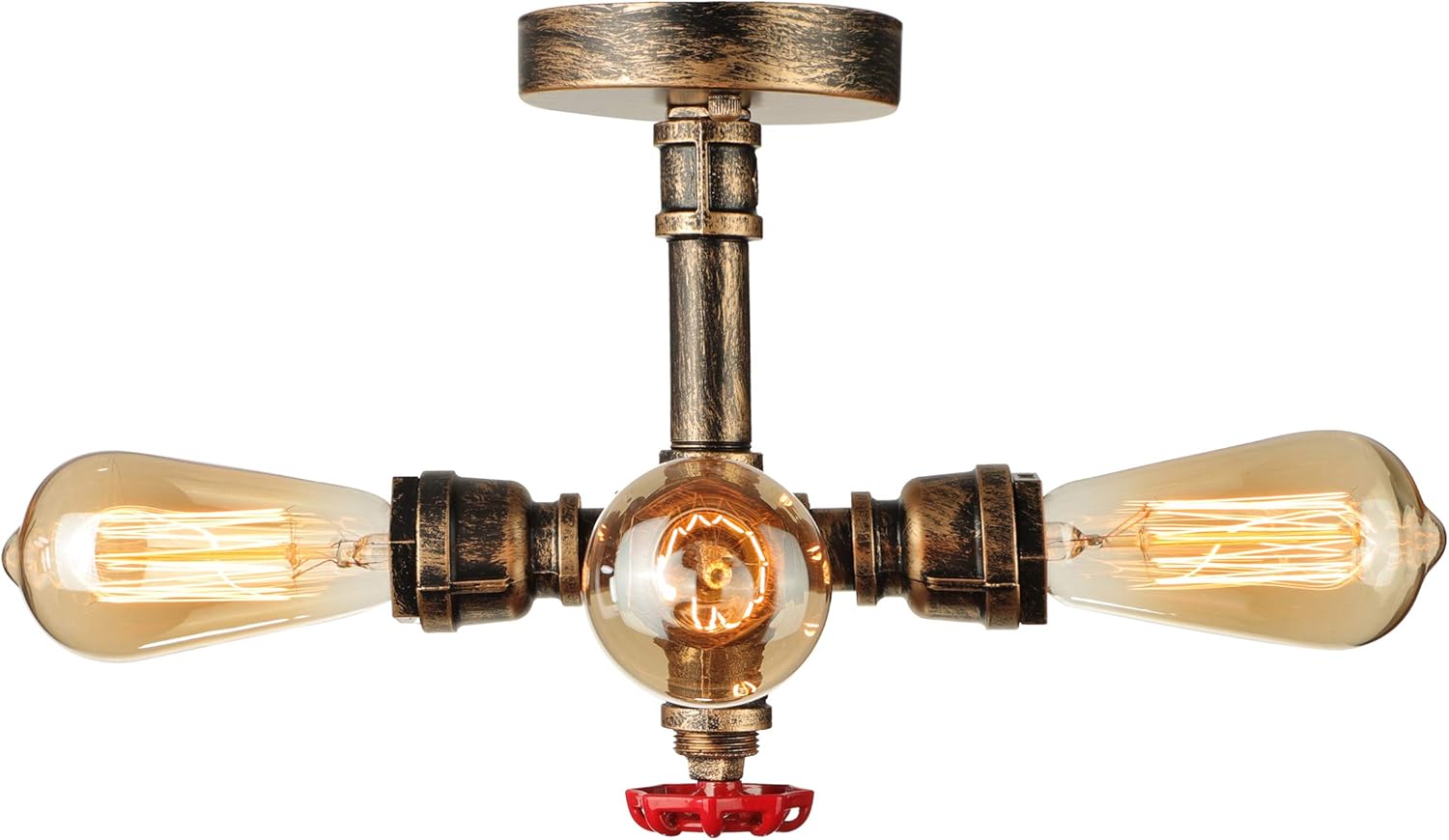 RUNNUP Industrial Vintage Edison Ceiling Light Flush Ceiling Light with Valve in Pipe Style Antique Brass with 4 Lights
