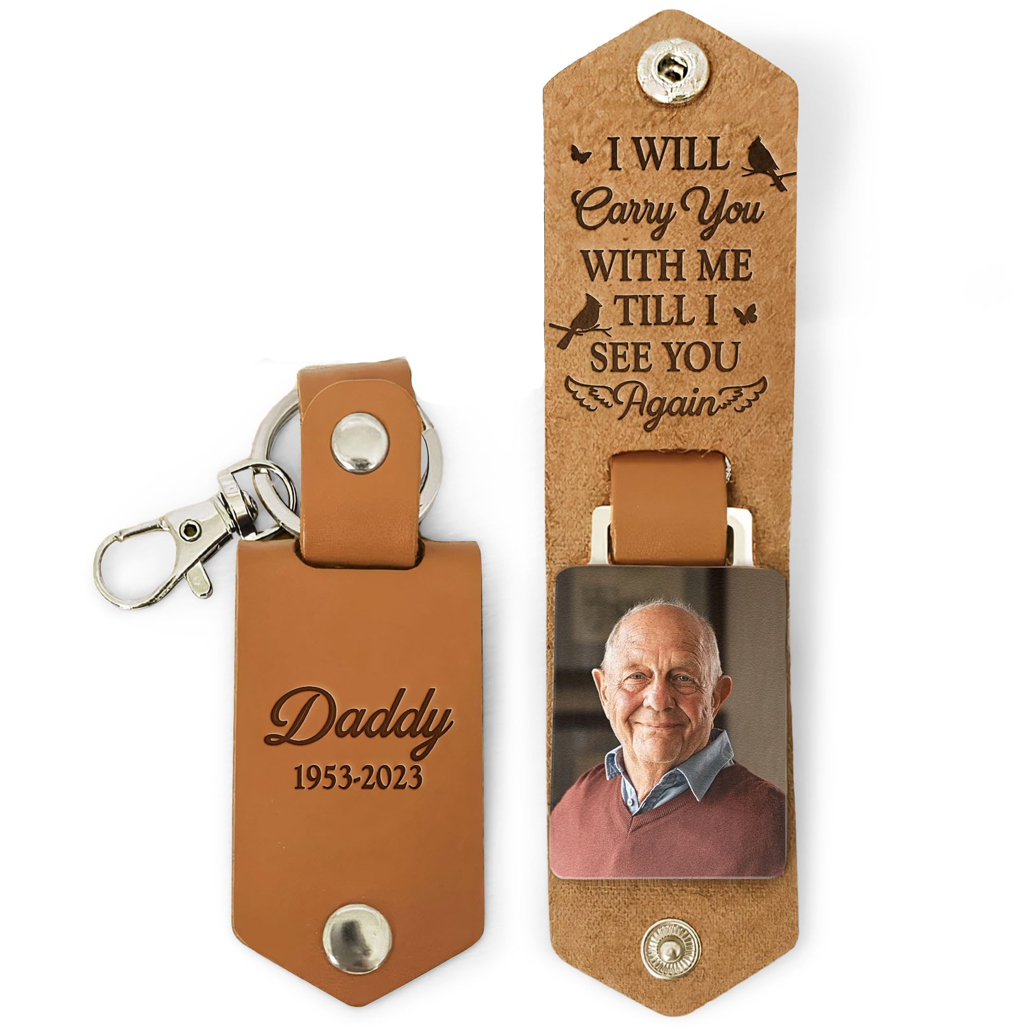 Macorner Personalized Leather Photo Keychain - Memorial Gifts - Sympathy Gift for Loss Dad, Loss Mom, Dog Loss, Cat Loss - Bereavement Gift Loss of Pets, Mother, Father - I Will Carry You With Me