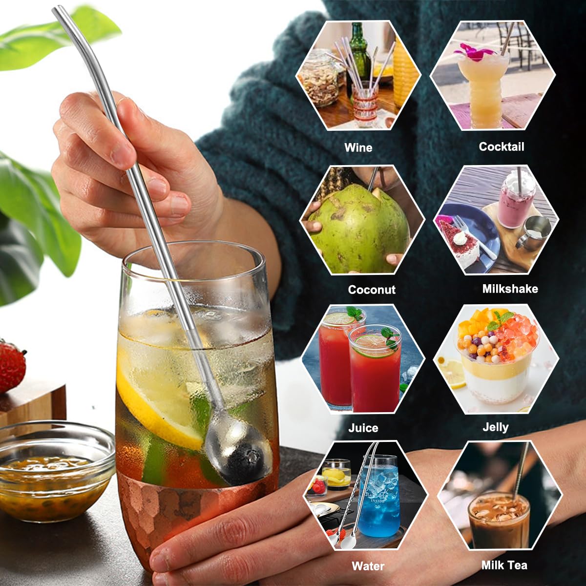 7 Pezzi Cucchiaio con Cannuccia, Cucchiaio di Paglia Riutilizzabile, Cucchiaio Cannuccia, Cucchiaino Cocktail e Cannucce, Acciaio Inossidabile, con Spazzola di Paglia, per Cocktail,Frullati,Bevande