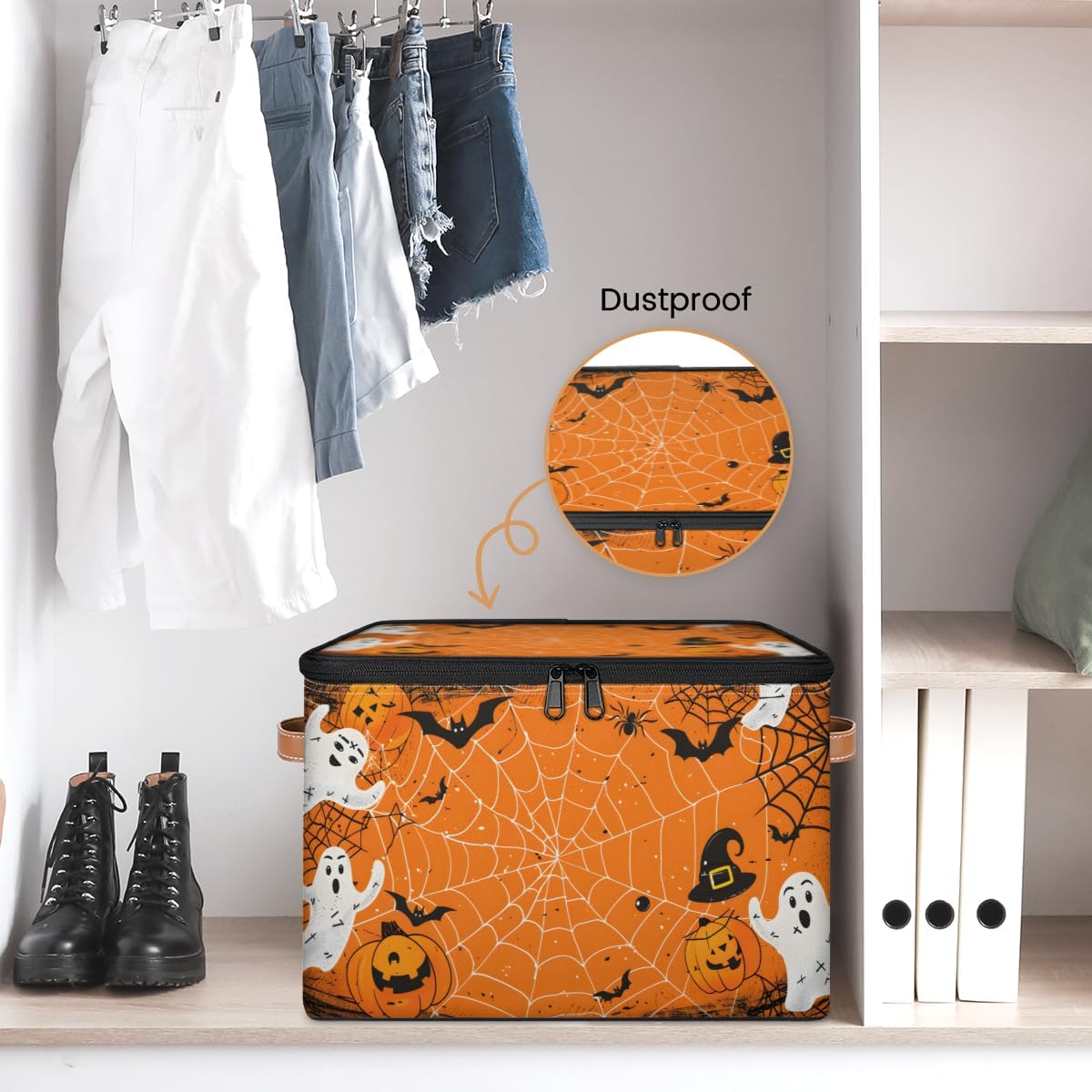 Storage Bin Set of 2 Ghost Spider Web Storage Basket with Zipper Lid & Handle Foldable Closet Shelf 2 Pack Cloth Organizer Basket Cube Bins Clothes Organizer for Bedroom, Nursery