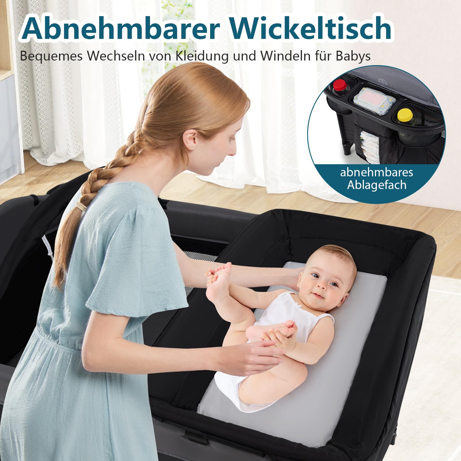 COSTWAY 5 in 1 Beistellbett, Reisebett Baby mit Matratze, Babybett höhenverstellbar mit Wickelauflage, Mosktionetz & Spielbogen, Stubenwagen mit Rollen & Tragetasche für bis 36 Monaten, Schwarz