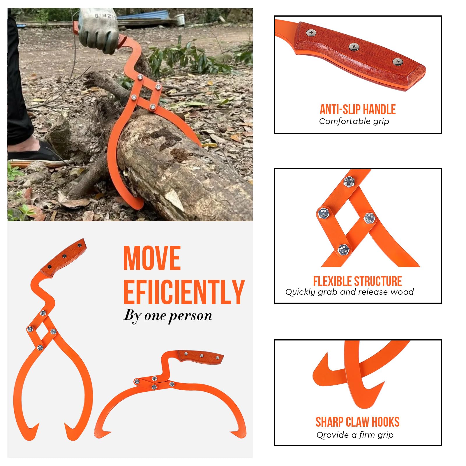 SWAWIS Pince Forestière pour Troncs en Acier Allié, Bûches Jusqu'à 20''(50.8cm), Capacité de Chargement 300Kg, pour Industrie Forestière, Transformation du Bois, Transport de Bois à Domicile(Orange)