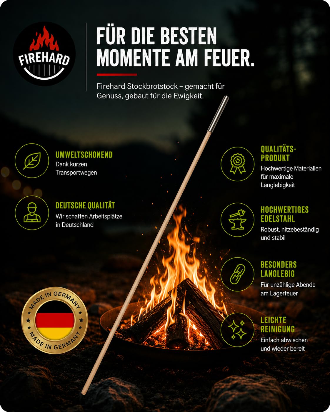 2 X Stockbrotstöcke aus Buchenholz 100 cm mit Edelstahlrohr, Stockbrotspieße Weinachtsmarkt, Grillspieße 100 cm, Grillrohr, lagerfeuer, Stockbrot, Knüppelbrot
