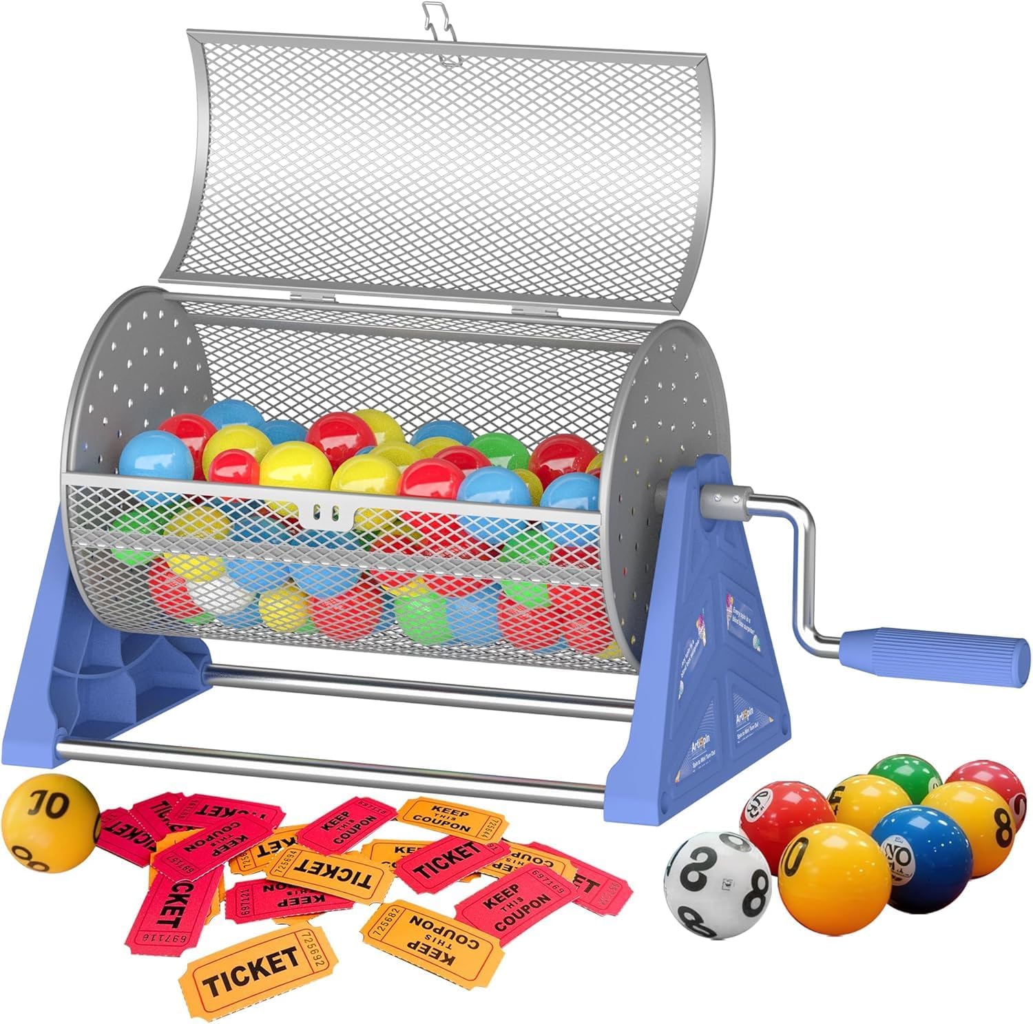 Raffle Drum, 12 * 7-Inch Raffle Ticket Spinner with Detachable Tripod Base, Durable Portable Ticket/Ball Spinning Drum for Games, Events, and Parties (Blue-Silver)