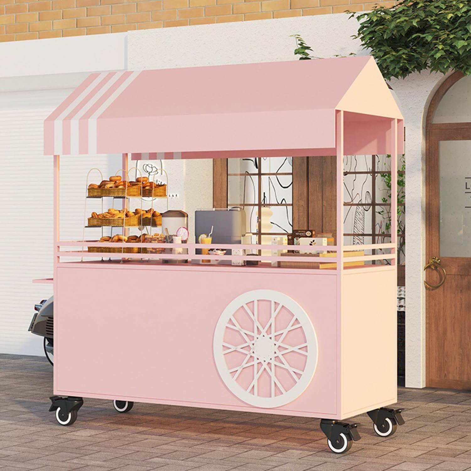 Mobiler Verkaufsstand mit Überdachung – Gewerblicher Streetfood-Verkaufswagen – Zusammenklappbarer Präsentationswagen, für Märkte & Streetfood,Rosa,140cm