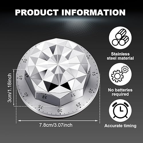 Miniatura 6 de Guiqulai Temporizador de cocina, temporizador mecánico de acero inoxidable, temporizador de cocina magnético con temporizadores de alarma para