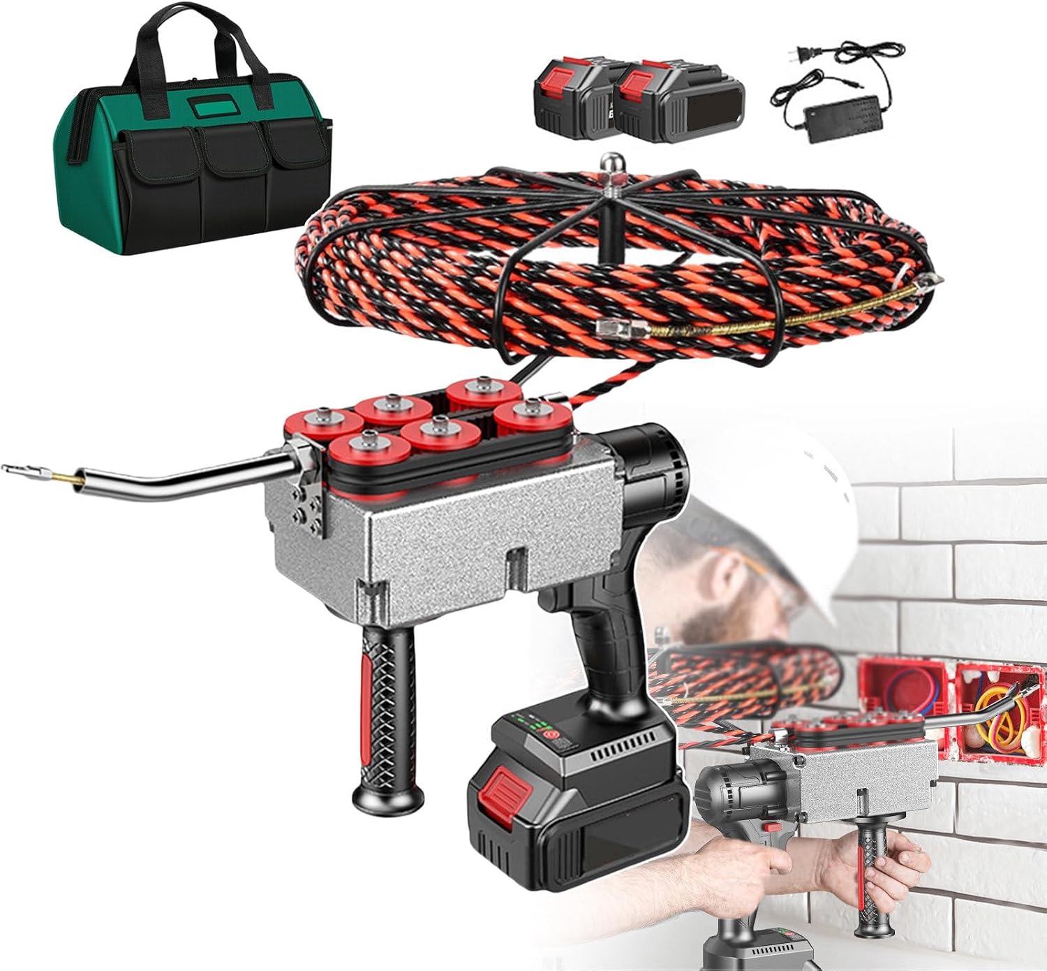15m Electrician Stringing Wire Puller | Cable Insertion & Extraction Tools with Stepless Speed Regulation 40m/min | Professional Electrician's Threader (w/21V Battery & Charger),2-battery