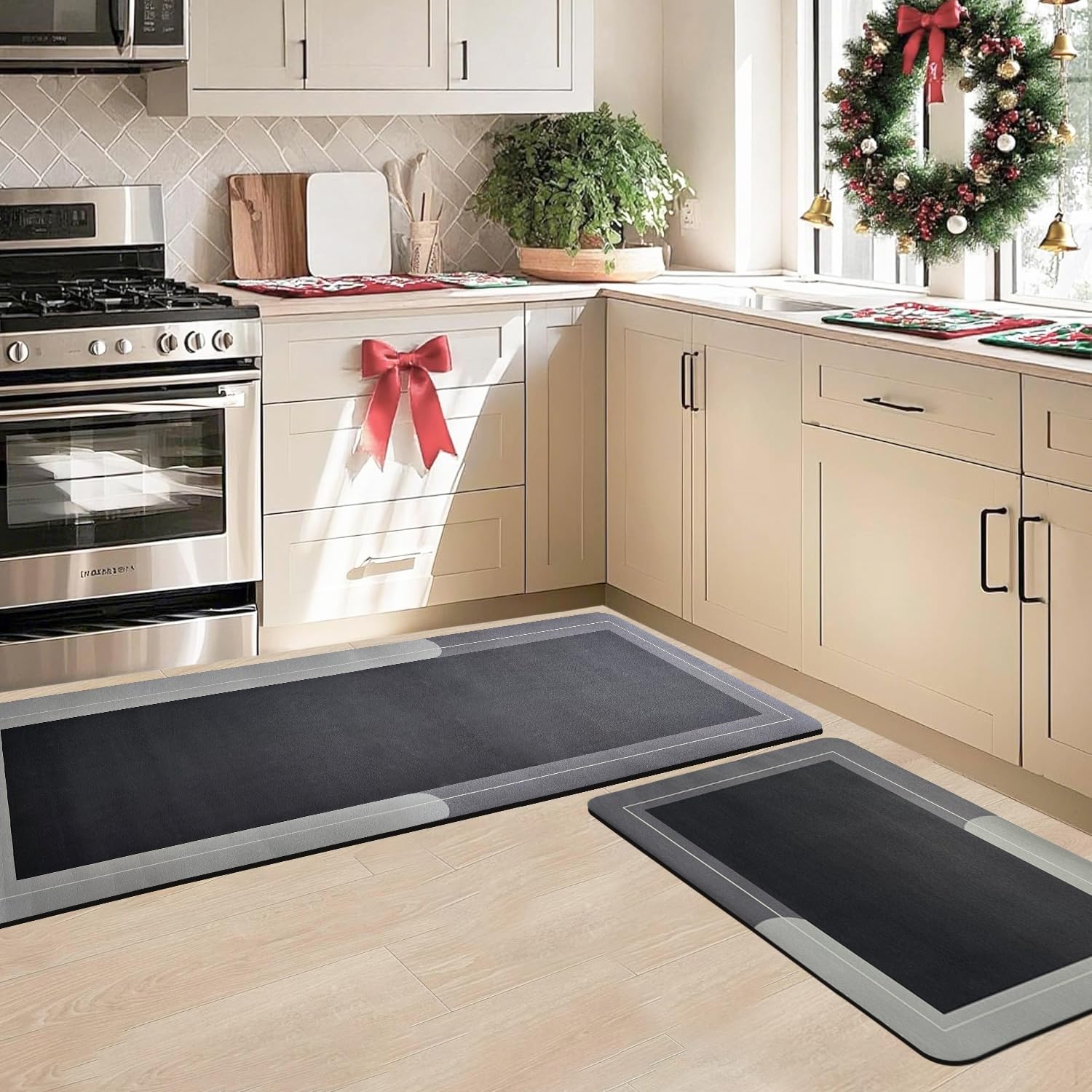 SITTELLA Rubber Kitchen Mats Set of 2, Anti-Skid Kitchen Mats, Water Absorbent Rug, Carpets, Floor Mat for Home and Kitchen (120x40cm & 40x60cm) Grey, Rectangular