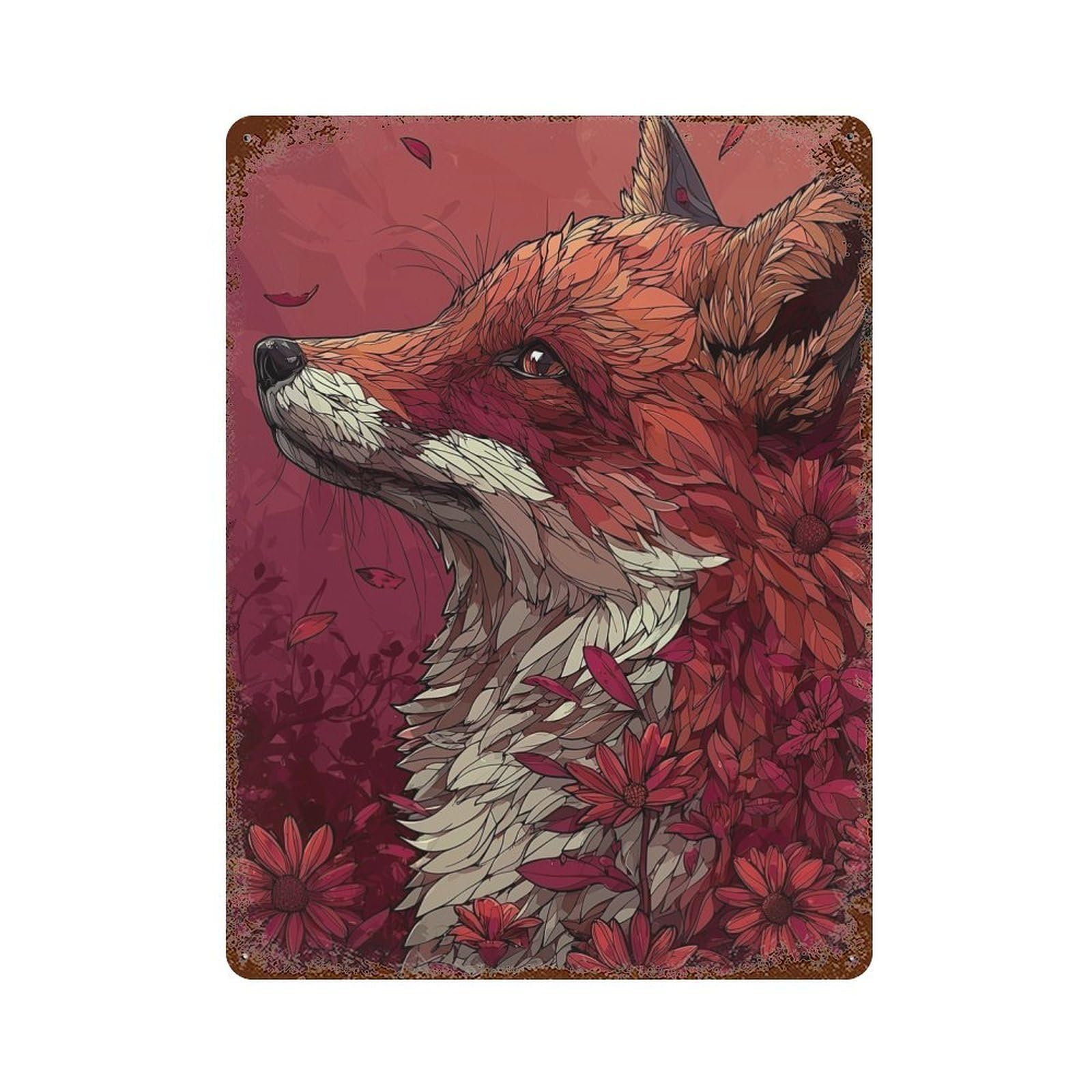 Garage Style Floral Fox Distressed Metal Wall Sign 15.7"x11.8", Shabby Chic Decor for Bar And Workshop