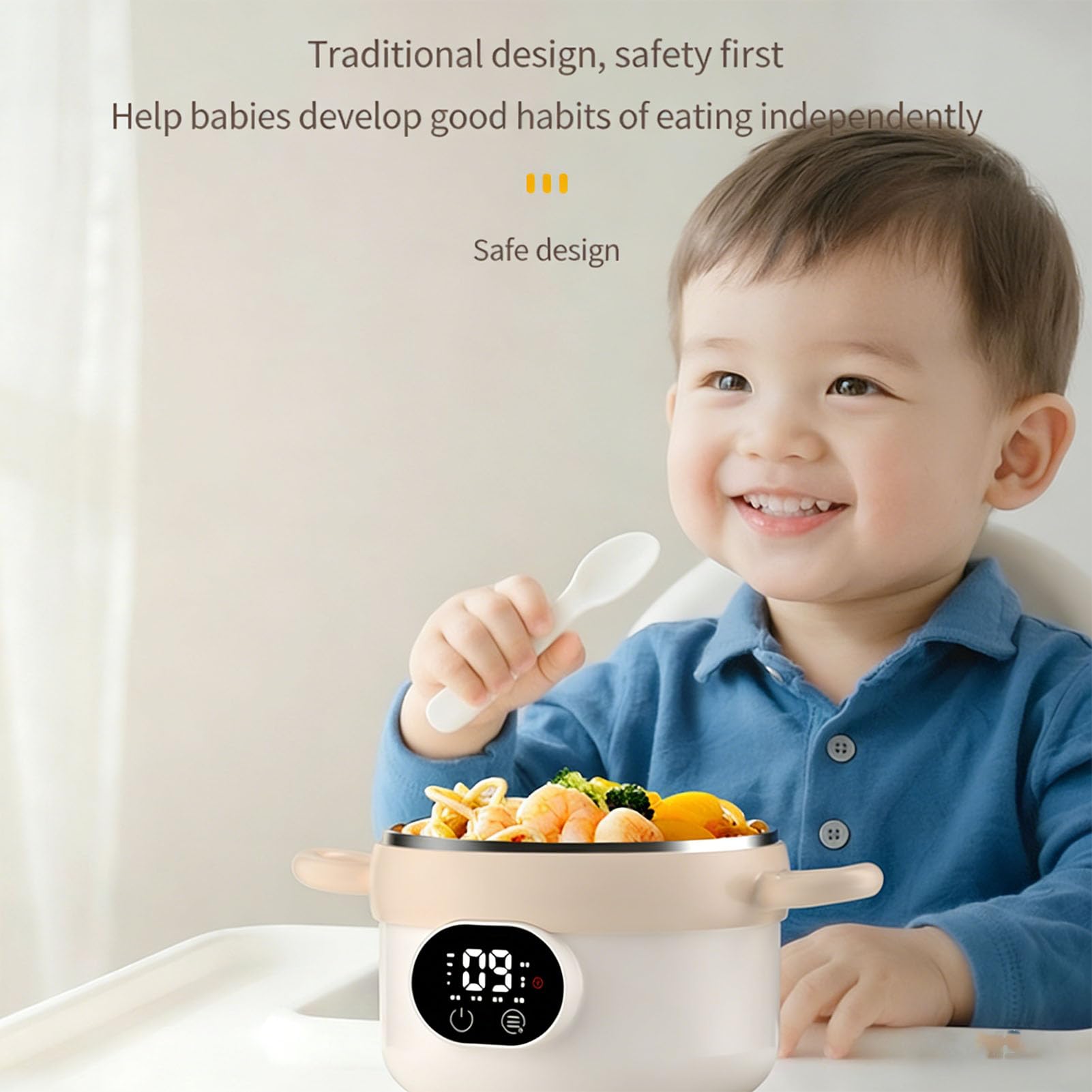 Fockety Calentador de Alimentos, Tarro de Comida Portátil de Acero Inoxidable de 470 Ml, con Aislamiento Eléctrico Inalámbrico y Cuchara y Tenedor para Bebés, Niños Pequeños Niños (De color crema)