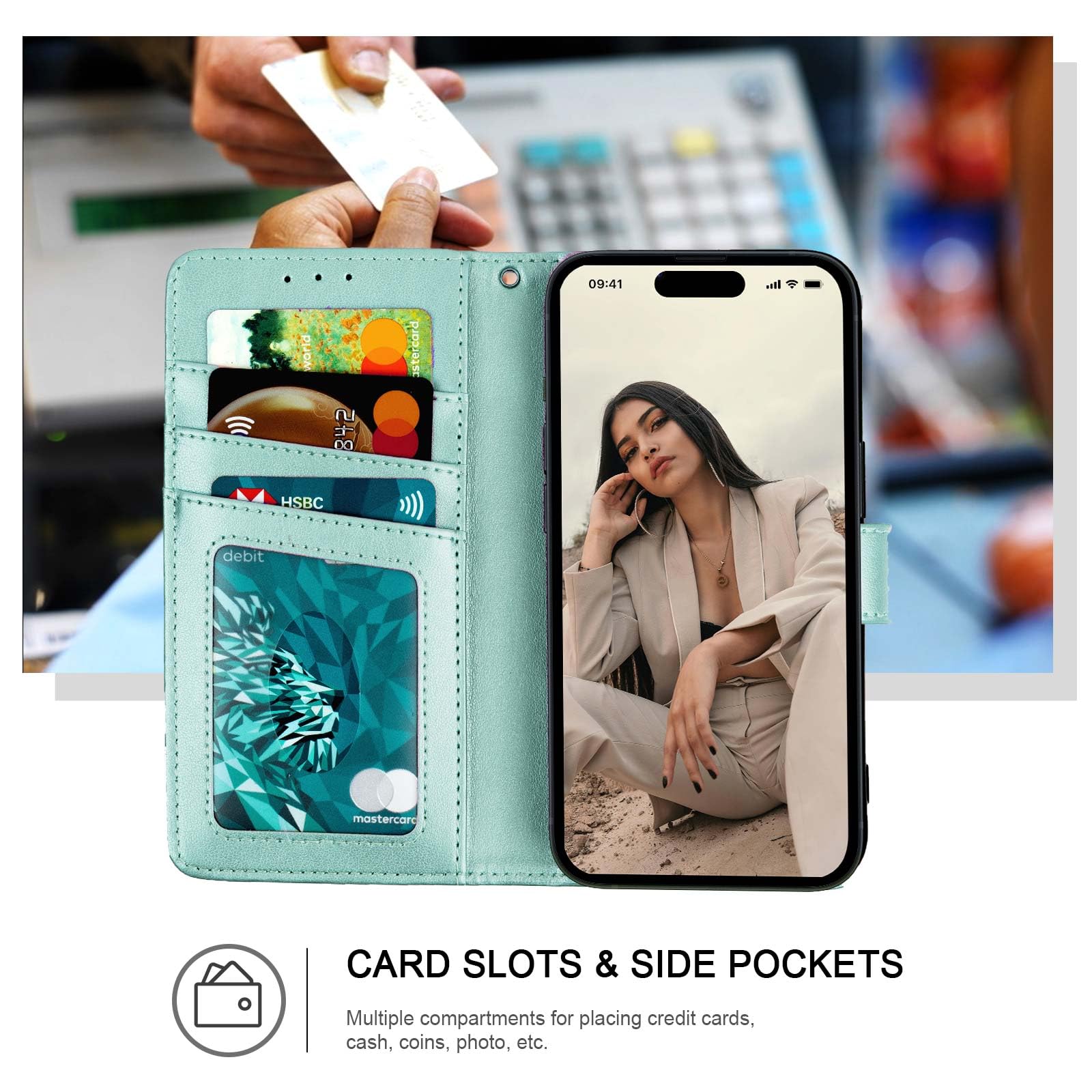 Ateeky iPhone 15 Pro Max Wallet Case,[RFID Blocking] 3 Card Holder Stand with Credit Card Slot PU Leather Magnetic Protective Flip Cover for iPhone 15 Pro Max (Green)