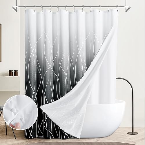 Miniatura 2 de Naturoom Cortina de ducha en blanco y negro con forro, cortinas de ducha modernas y gruesas de doble capa para baño, juego de cortina de ducha de
