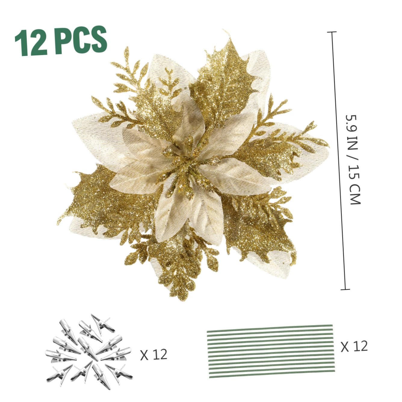 Alipis 12piezas Flores Poinsettia Brillantes para Decoración Navideña con Clips y Stems Adornos para Árbol De Navidad y Fiestas