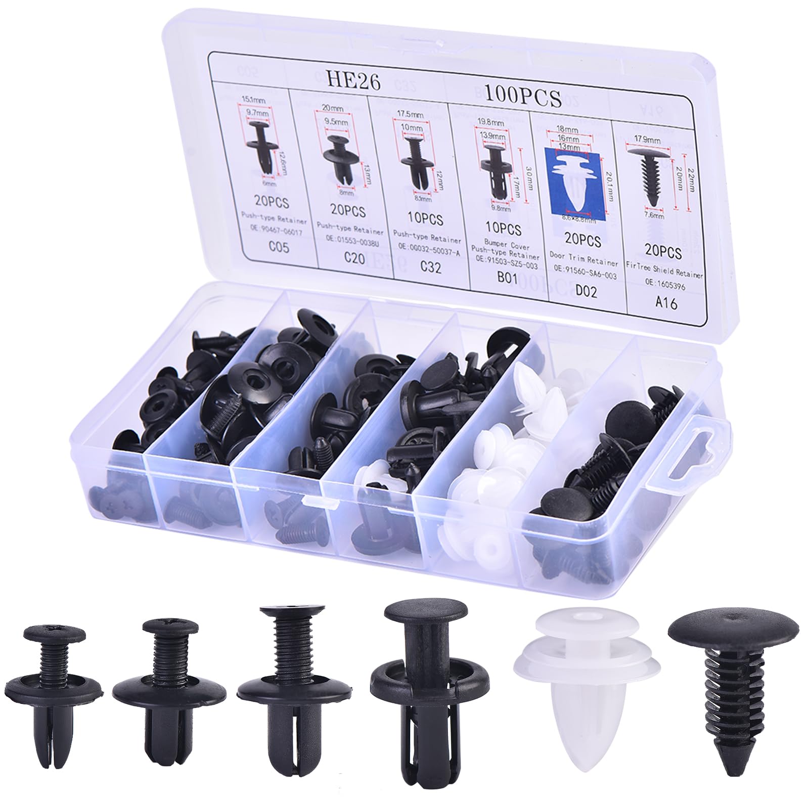 100 Clip Fissaggio Auto In Nylon – Kit Universale 6 Misure Per Paraurti, Parafanghi, Pannelli Porta