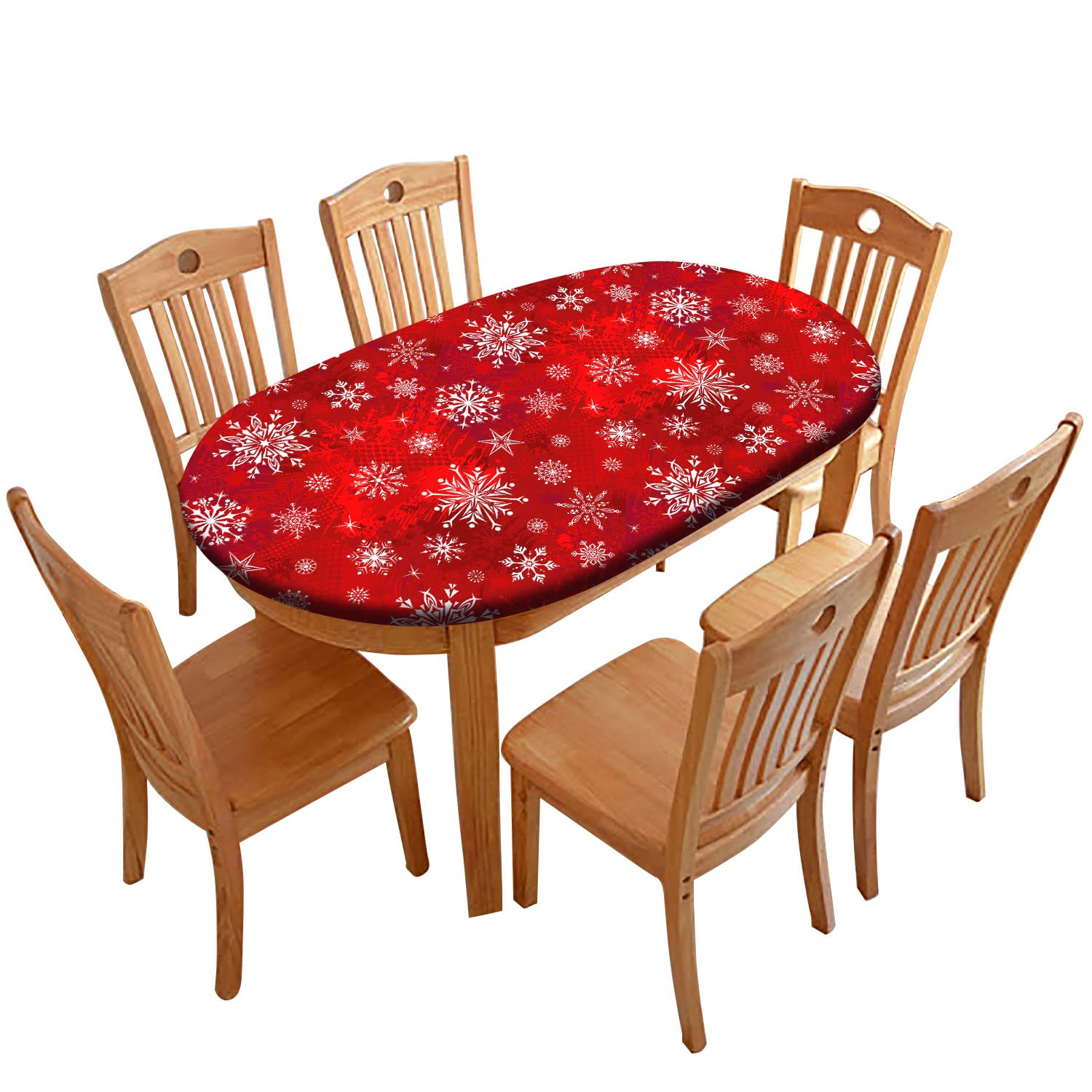 Christmas Oval Fitted Tablecloths, Christmas Red Snowflakes Print Elastic Edged Table Cover, Fits up to 42X60 in Tables, Windproof Table Cloth for