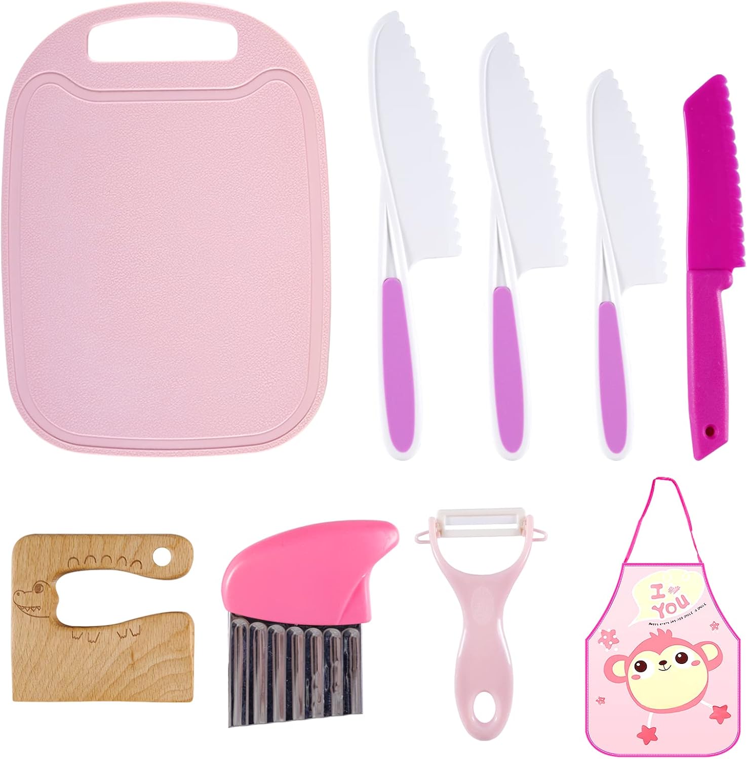 9 Pieces Wooden Kids Kitchen Knife Set, Include Wood Kids Safe Knives for Real Cooking Plastic