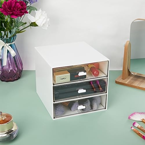 Miniatura 6 de Organizador de escritorio con 3 cajones, caja de almacenamiento de escritorio de plástico transparente, organización de escritorio para suministros