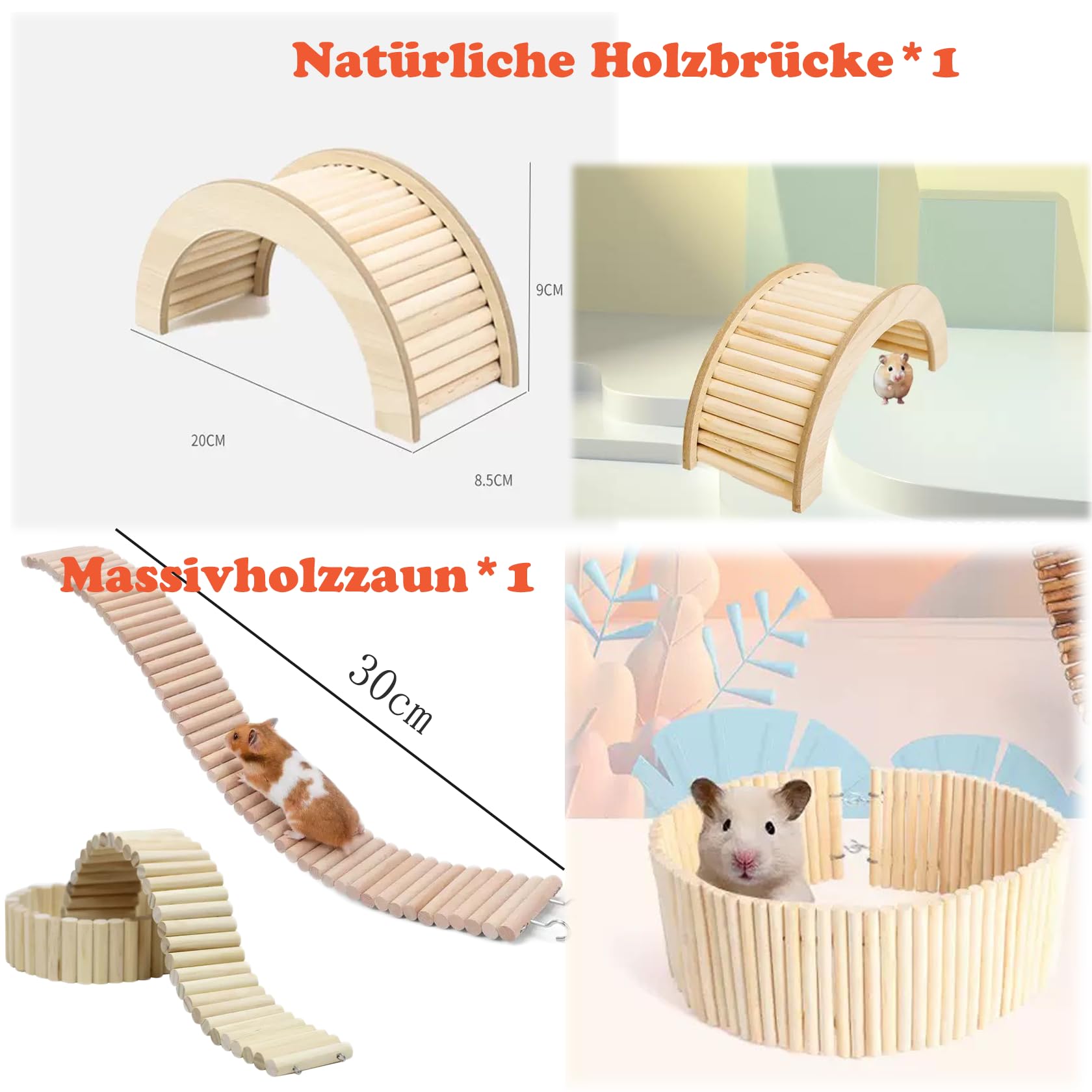 Natürlicher Kiefernhammerkäfig Landschaftsgestaltungsset, Massivholzlaufräder, Holzbrücke und Massivholzzaun 8pcs (Hamsterkäfig Landschaftsset)