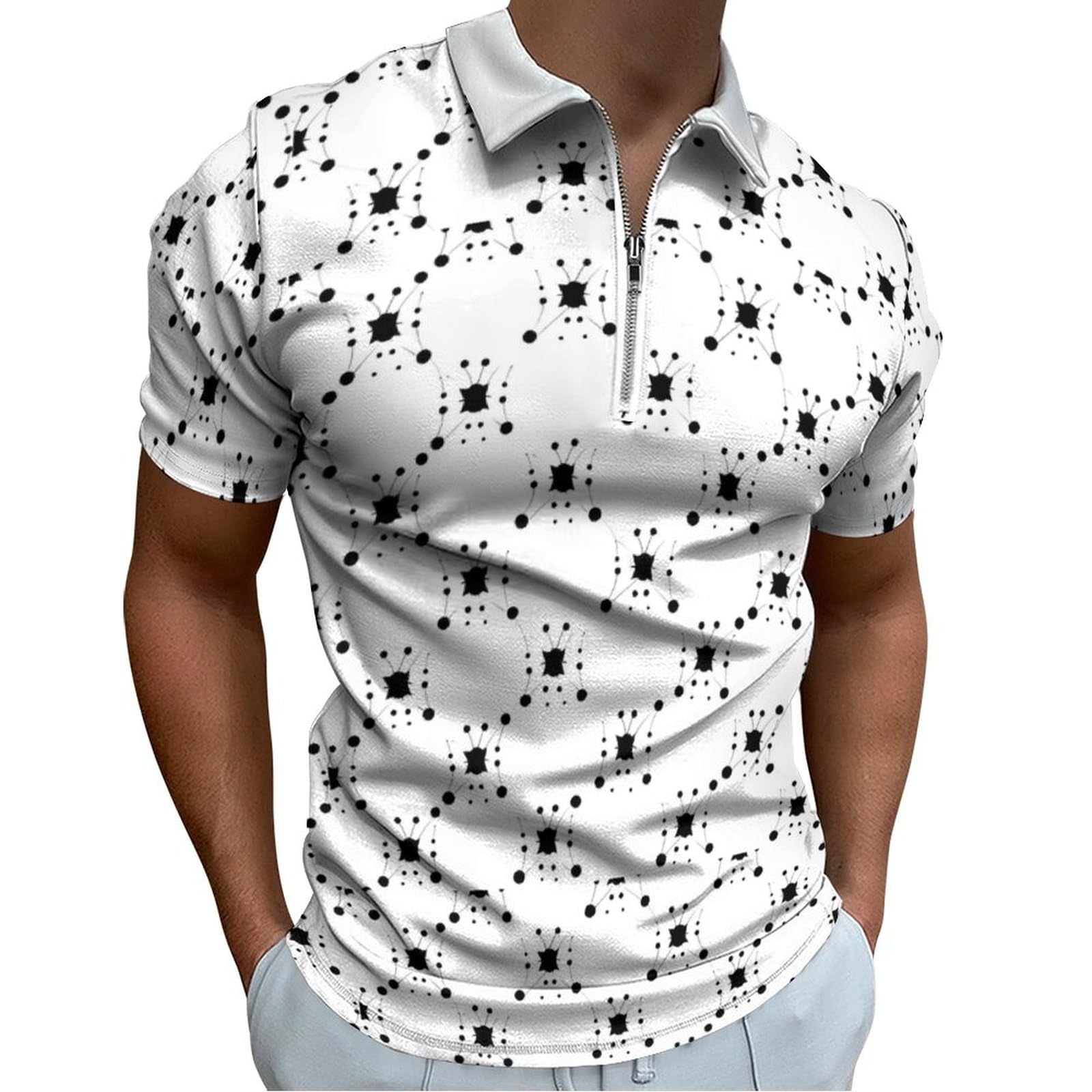 Mens Floral Printed Hawaiian Polo Shirts Zipper Short Sleeve Golf Shirt Moisture Wicking V Neck Casual Slim T