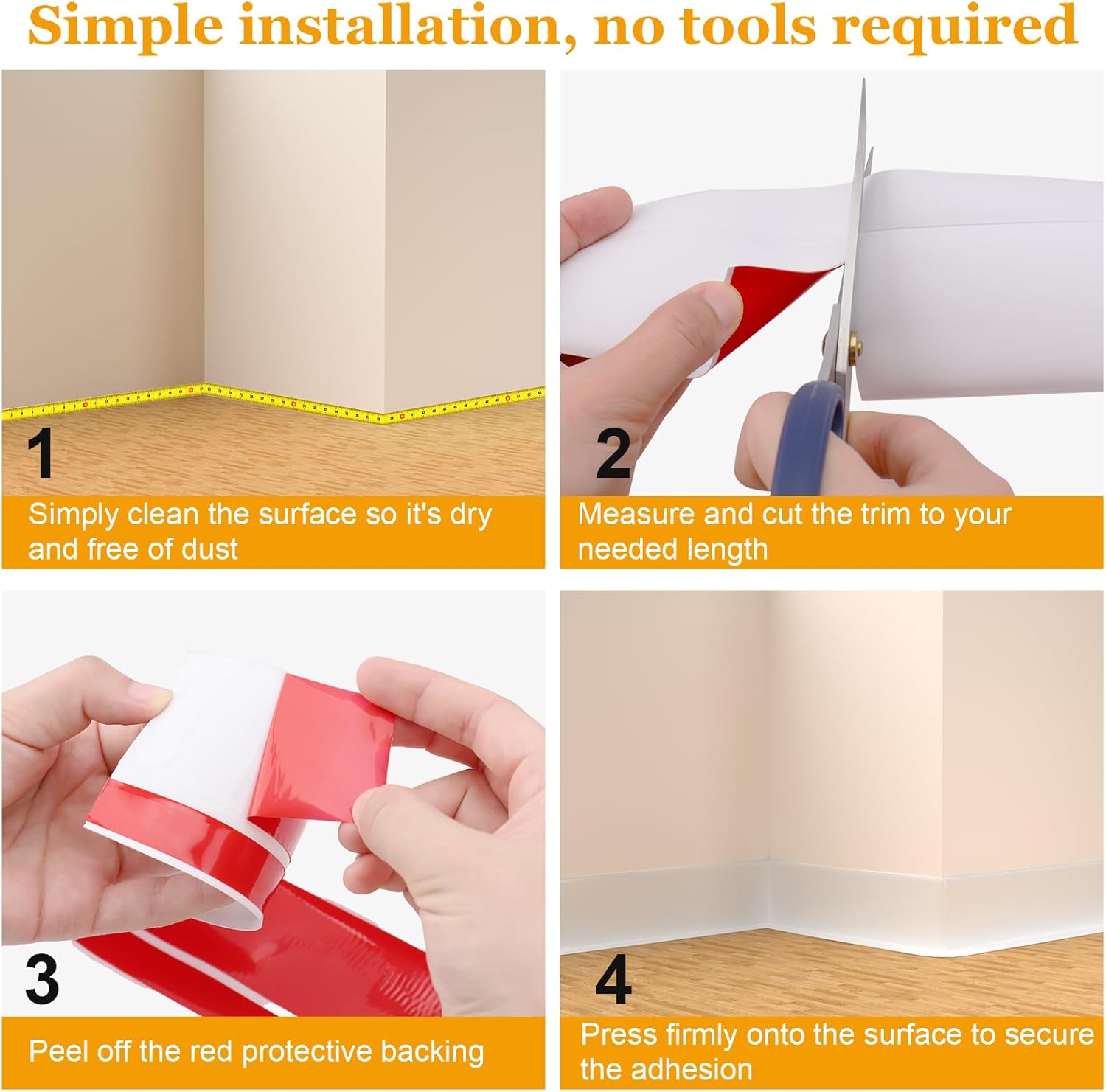 Self-Adhesive Flexible Baseboard Molding Trim – 60 Ft Vinyl Wall Base for Curved Walls and Uneven Floors, Protect or Decorate Apartment, Kitchen, Bathroom Walls, Waterproof Peel and Stick Installation