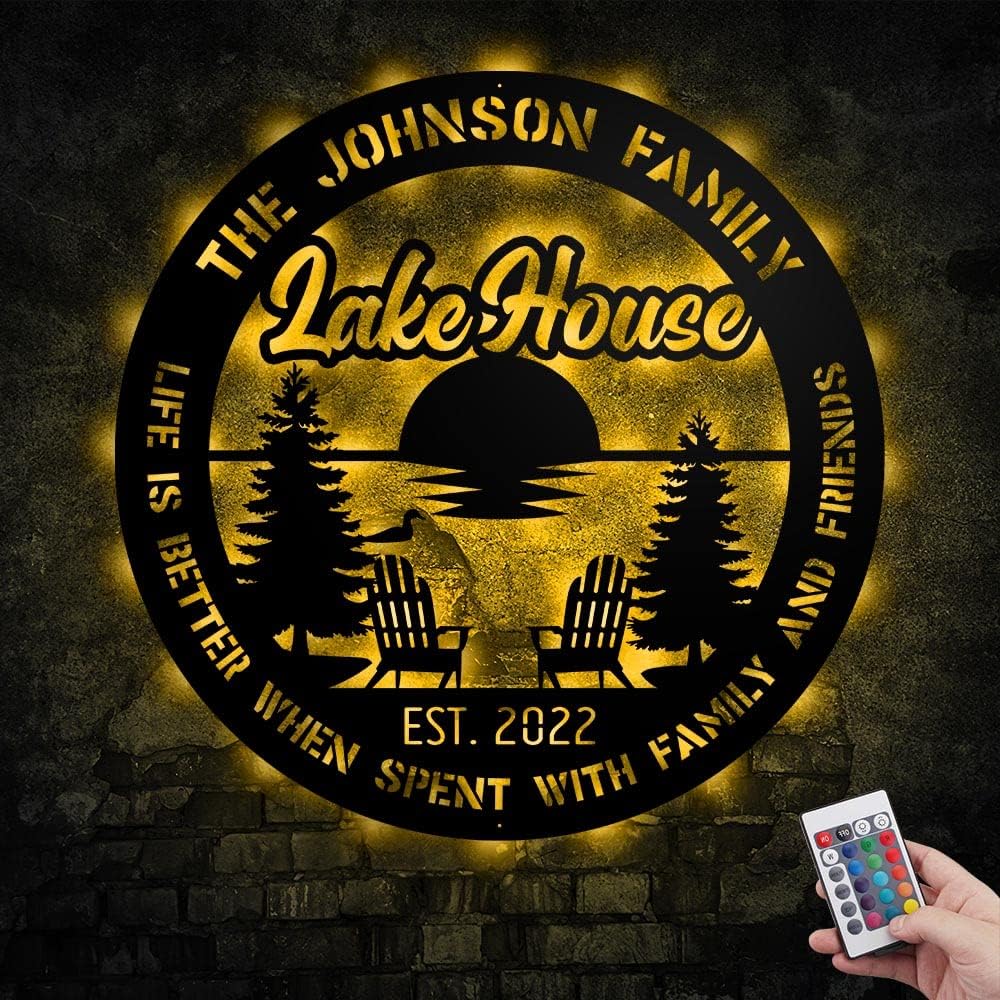 V VIBEPY Personalized Lake House Led Cut Metal Sign 8" 12" 14" 18" 24", Lake Led Sign, Lake Accessories, Lake Sign, Lakeside Sign, Fishing Sign, Door Signs, Welcome Sign, Backyard Sign, Lake Decor (LMTS-ETRG-42659001) (With Light) (With Light)