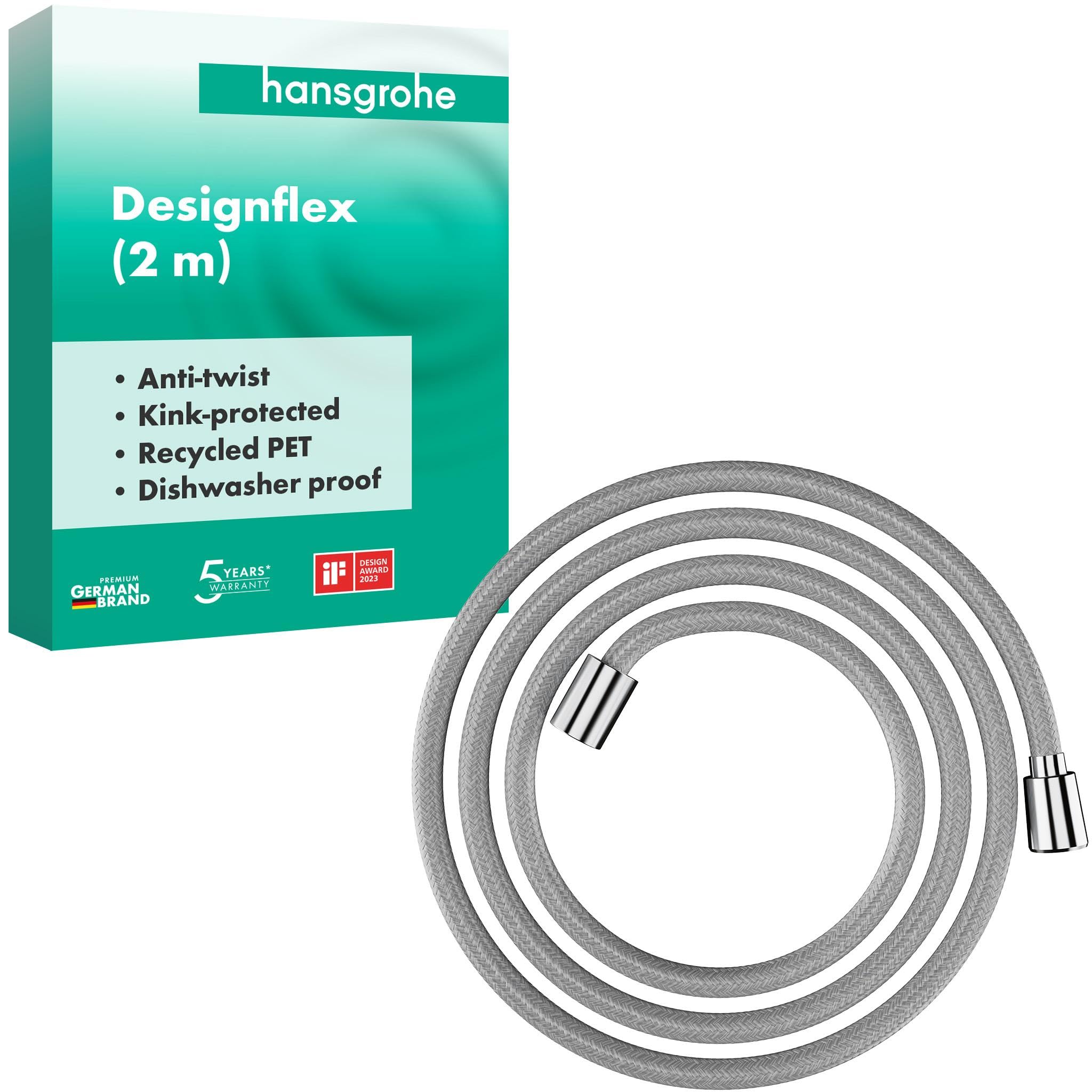 hansgrohe Designflex - universal Textil Duschschlauch 2,00 m, mit Verdrehschutz, flexibler Brauseschlauch mit Knickschutz, inkl. Dichtungsringe, Chrom