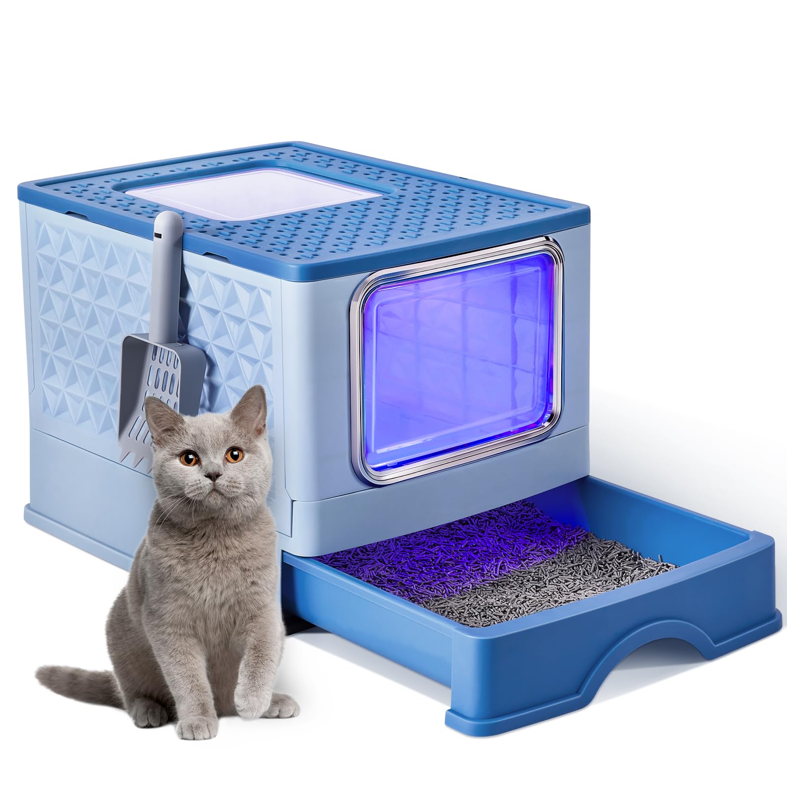 UV Sterilization Cat Litter Box, Large Cat Litter Tray with Lid, Easy Clean, Includes Drawer Pan and Scoop, Anti-Leaking, Odor Control, 52Lx39Wx39Hcm, Blue