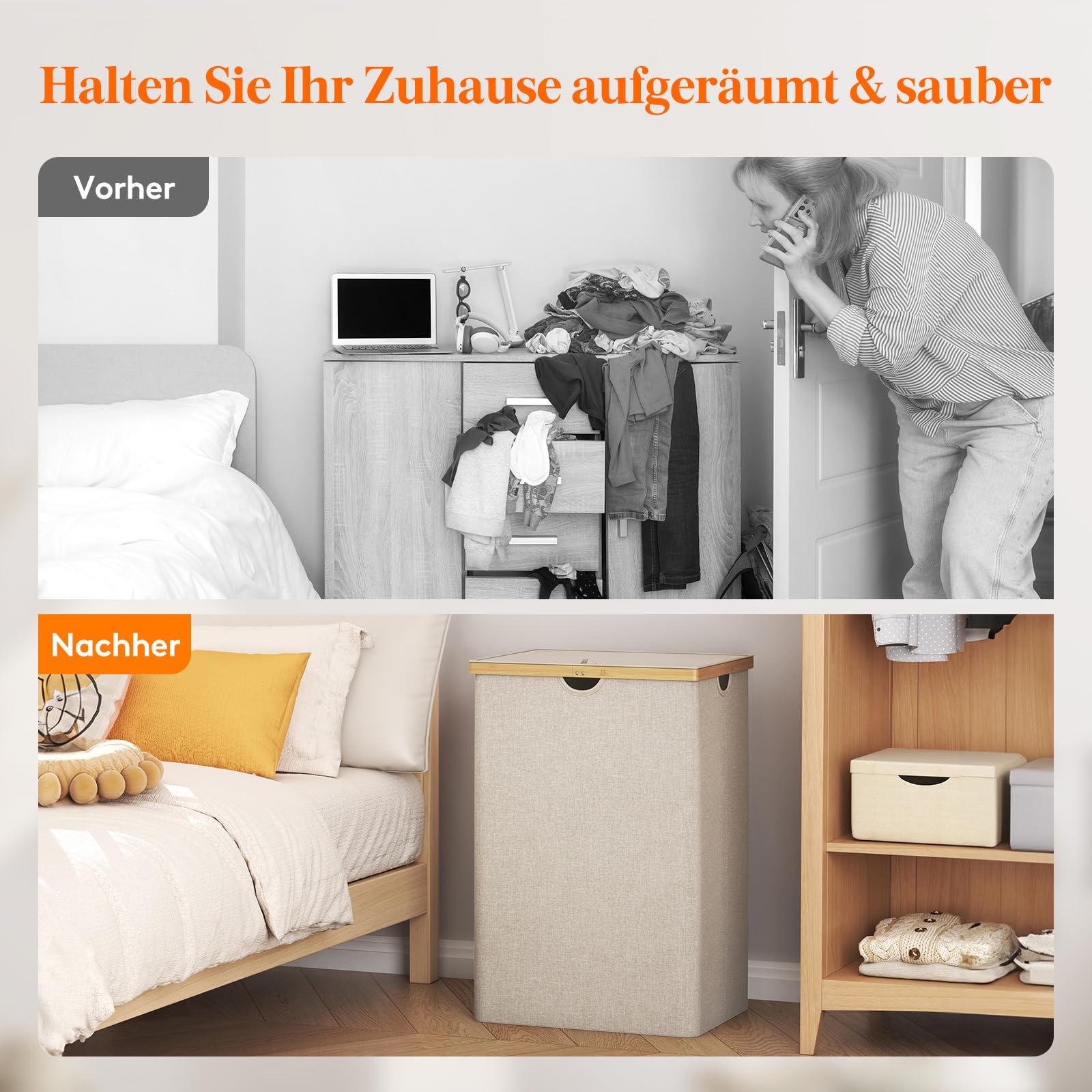 Lifewit 170L Bambus Wäschekorb mit Deckel, Faltbar Wäschesammler 3 Fächer Wäschesortierer mit Abnehmbarem Wäschesack Bambus Griffen Wäschebox Laundry Baskets für Waschküche, Schlafzimmer, Beige
