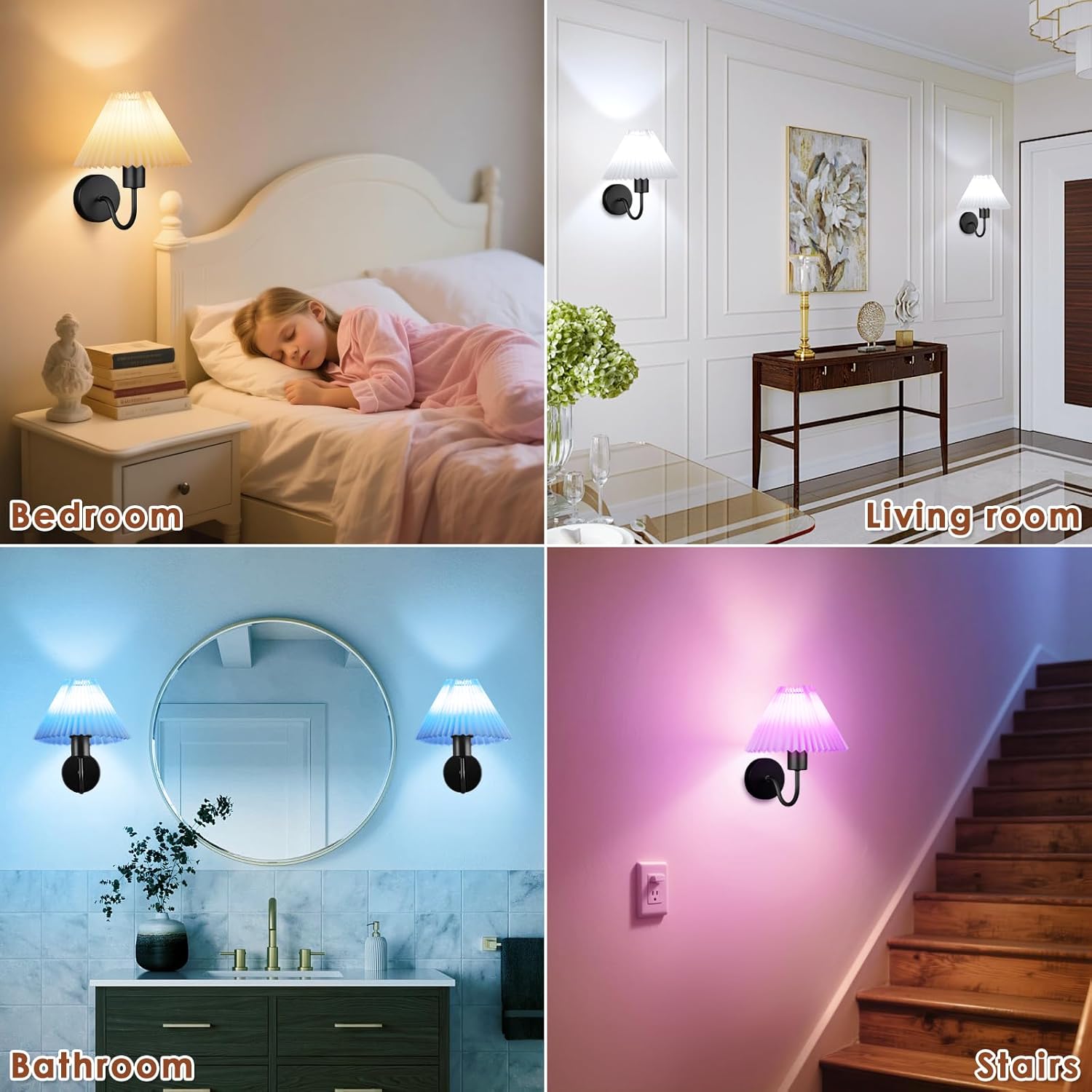 Modern Wall Sconces Set of 2, Wireless Battery Operated Wall Sconces, 2 Pack No Wiring Plug in Wall Lamp with RGB Smart Bulb, Easy Install Portable Wall Light for Bedroom, Living Room, (Black)