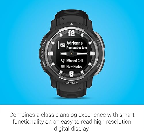 Vista 22 de Garmin Instinct Crossover, reloj inteligente híbrido resistente, manecillas analógicas y pantalla digital, granito azul azul Granite