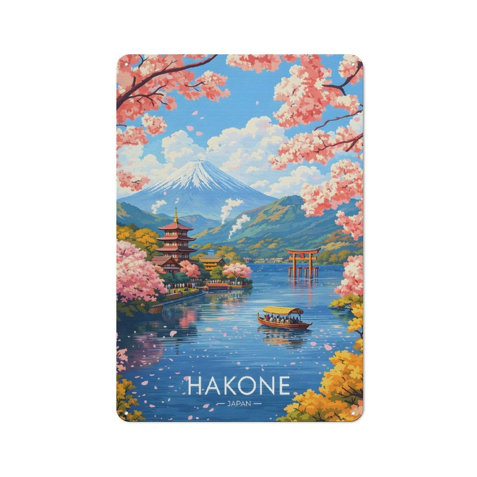 Junmoney Style Hakone Japan Cherry Blossoms And Mt. Fuji Vintage Metal Wall Sign 30X20cm For Kitchen Or Home Bar, For Garage, Workshop And Man Cave Decoration