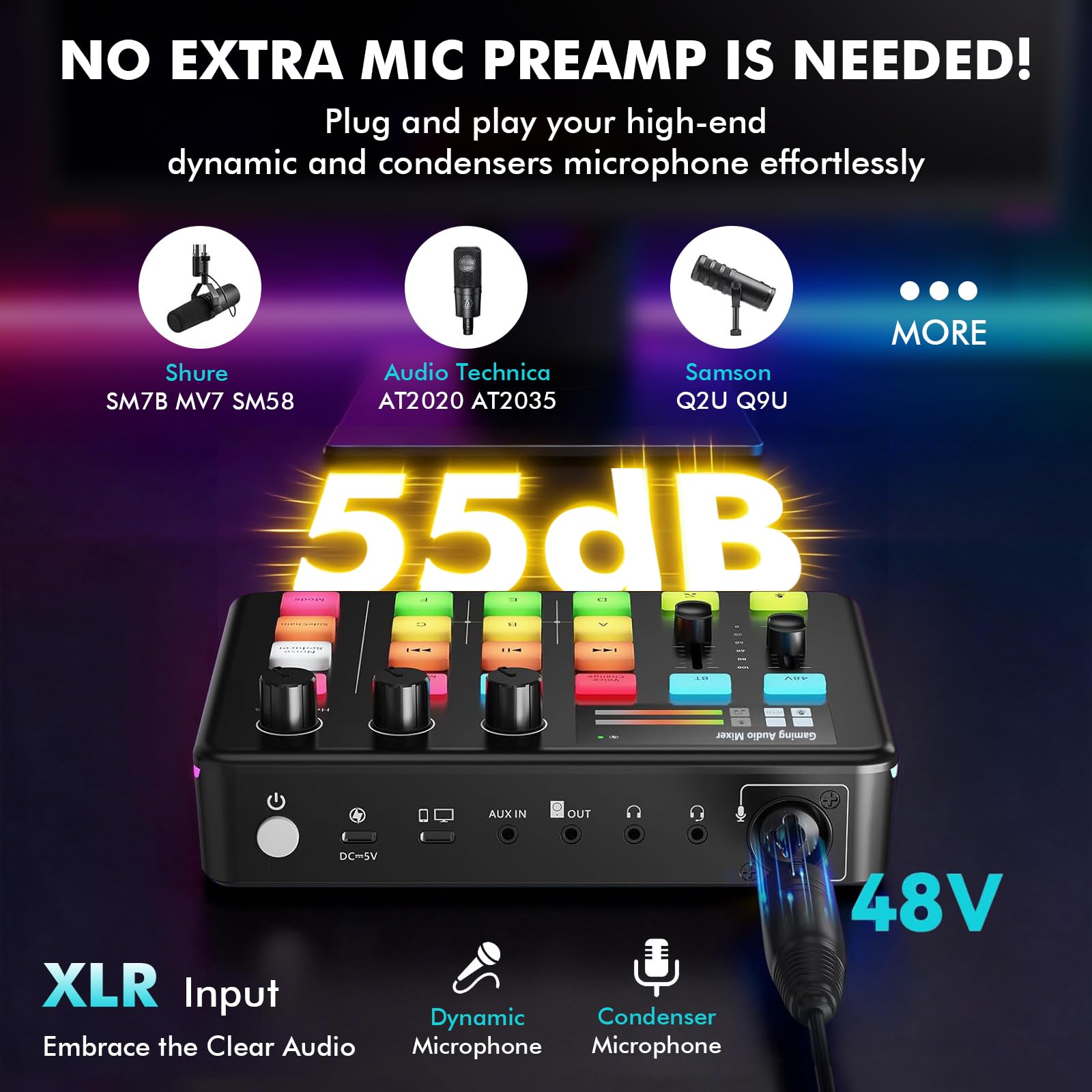 Mezclador de audio G1 Neo, mezclador de audio para juegos, tarjeta de sonido RGB para micrófono XLR, interfaz de audio para streaming, alimentación fantasma de 48 V, efectos de sonido personalizados