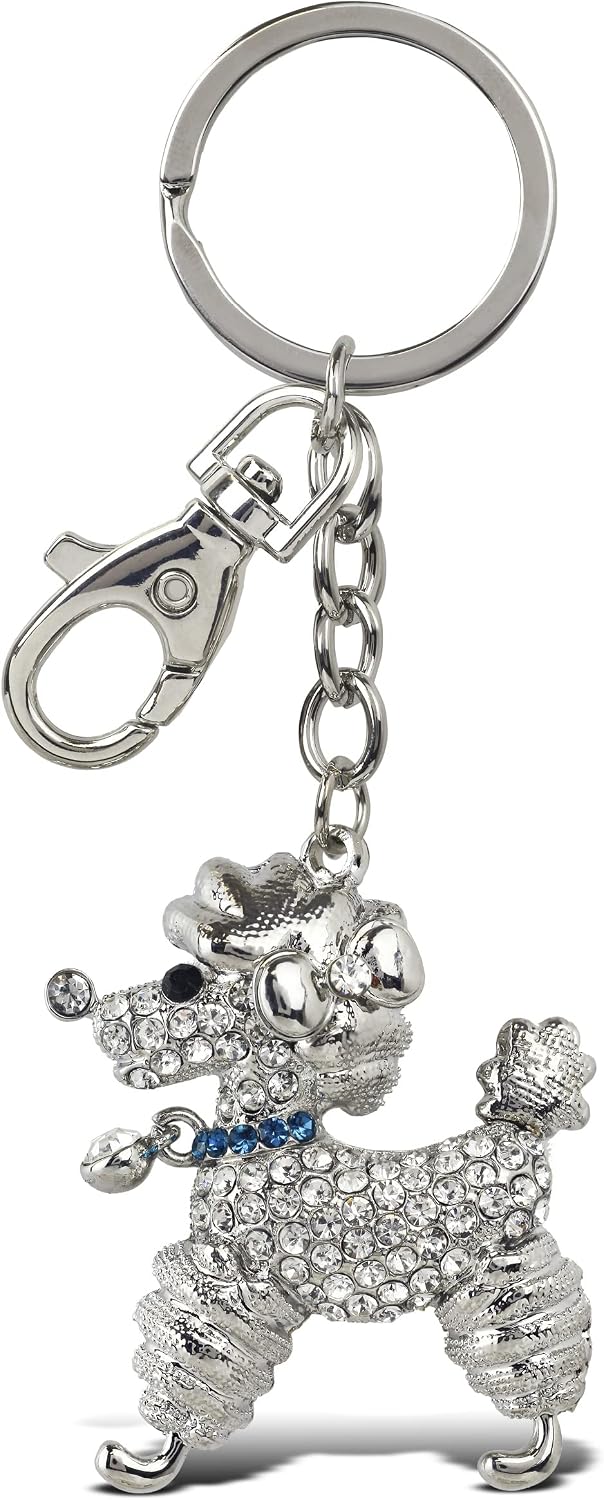 Stylish Poodle Dog Keychain - Silver 3D Sparkling Charm Rhinestones Fashionable Stylish Metal Alloy Durable Key Ring Bling Crystal Jewelry Accessory with Clasp
