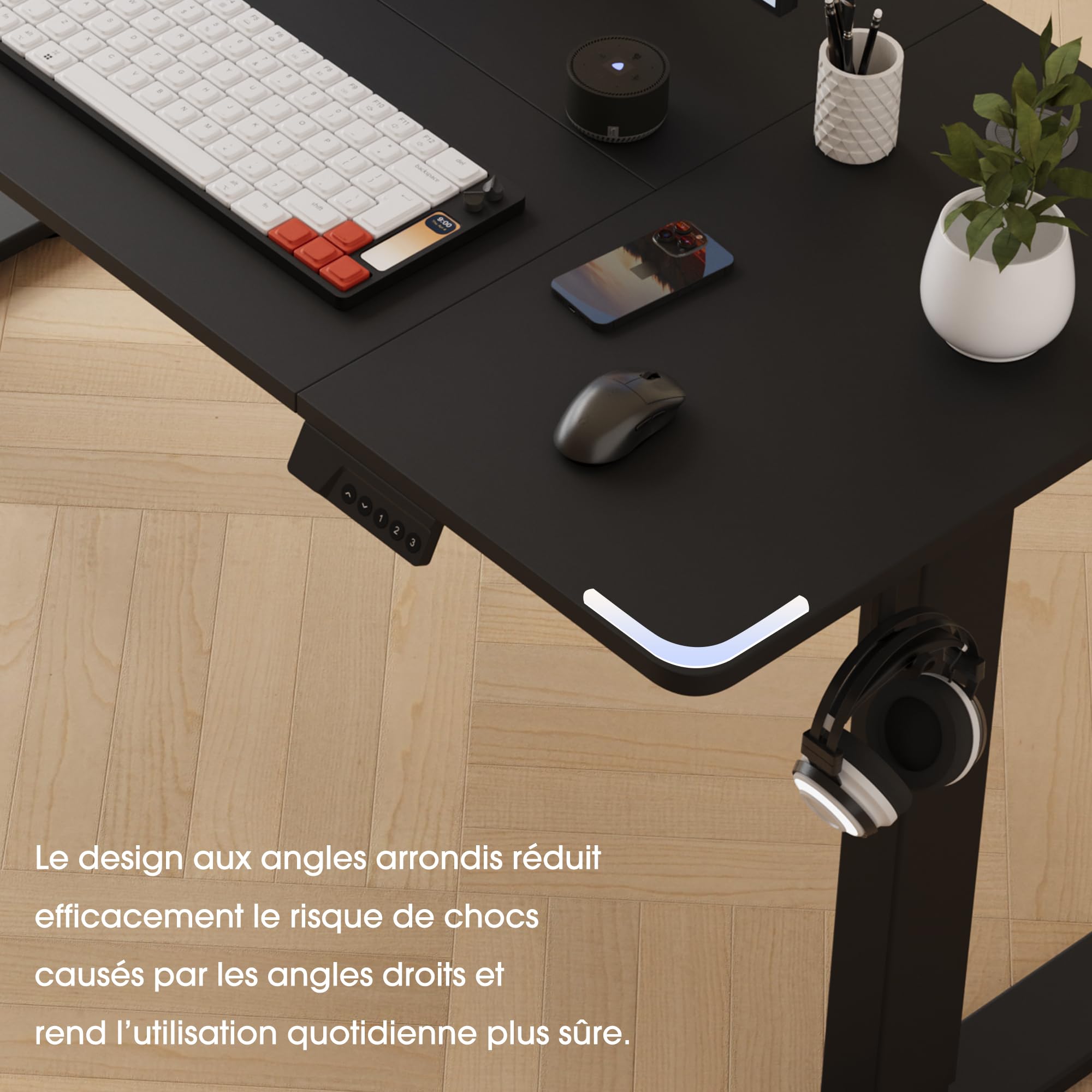 Bureau 60x110 cm, électrique, réglable 70–117 cm, avec mémoire et Anti-Collision, idéal pour Bureau, télétravail et Gaming (Noir)