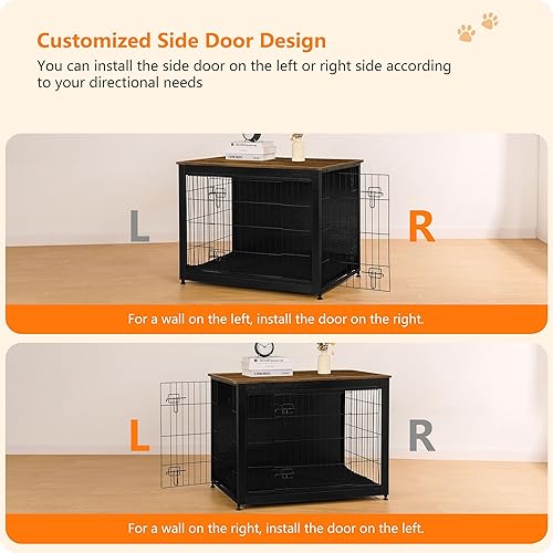 Vista 138 de DWANTON Mueble de jaula para perros con cojín, caja de madera para perros con puertas dobles, muebles para perros, perrera de interior, mesa Negro